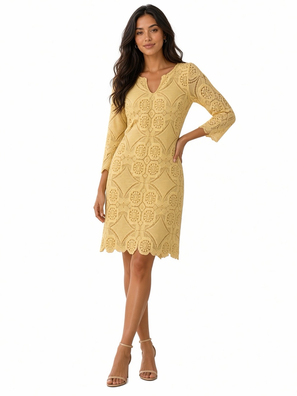Katherine Kelly lace crochet shift dress (size 0) Yellow Women’s Long Sleeve